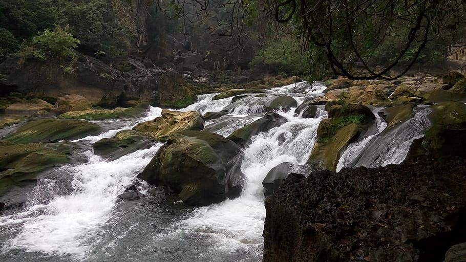 landscape, waterfall, green, beauty in nature, tree, flowing water HD wallpaper