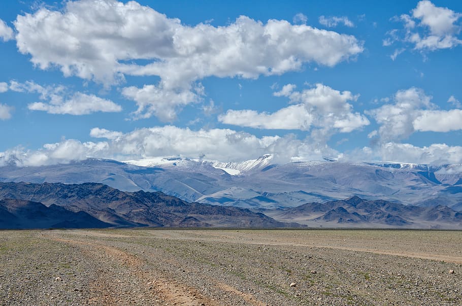 mountain under cloudy sky, mongolia, desert, gobi, clouds, summer, HD wallpaper