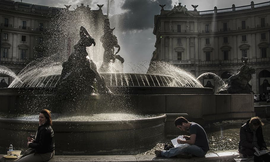 rome, sunset, raking light, water, fontana, square exedra, fountain HD wallpaper