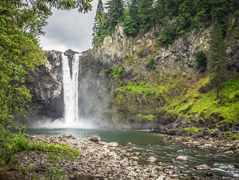 landscape waterfall, waterfalls near trees and grasses, rock HD wallpaper