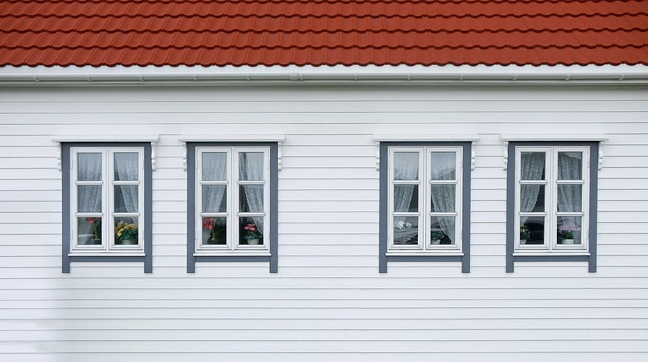 four white wooden windows are closed, paint, house, brown, roof