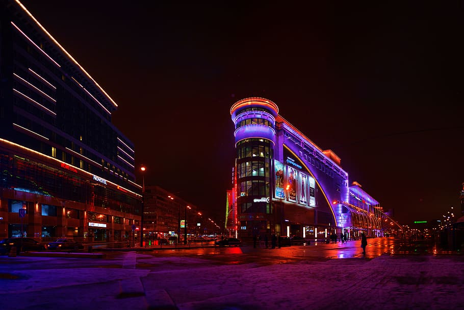 buildings lights during night, Moscow, Night, Lights, Evening, HD wallpaper