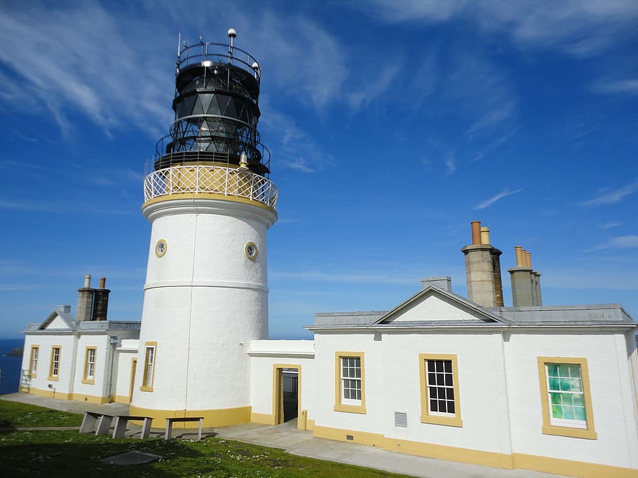 sumburgh head, shetland islands, scotland, lighthouse, sky, HD wallpaper