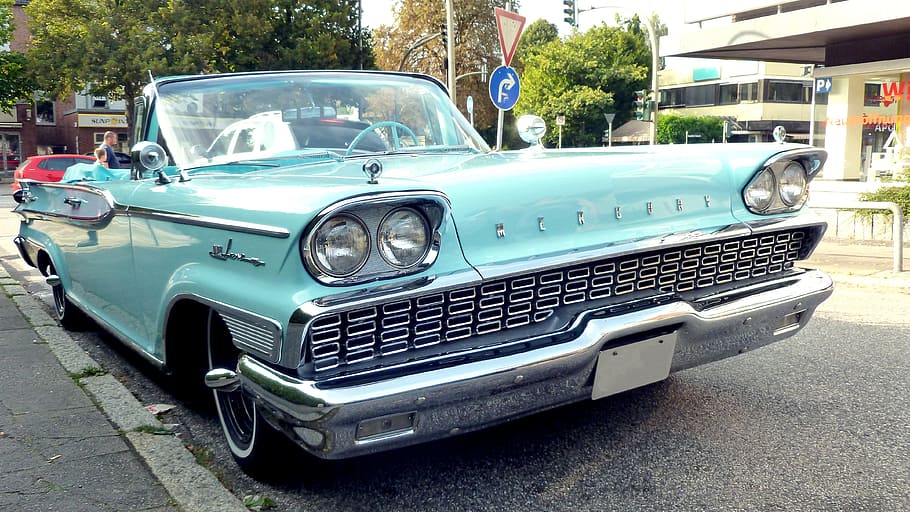 classic teal coupe parked on road, mercury, auto, oldtimer HD wallpaper