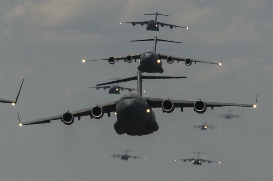several gray airplanes on sky, military jets, flying, usa, c-17
