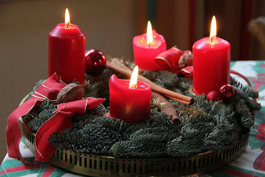 four lighted red candles, advent, 4 advent, advent wreath, burning HD wallpaper