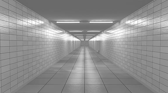 gray hallway, floor, monotonous, black and white, reflection HD wallpaper