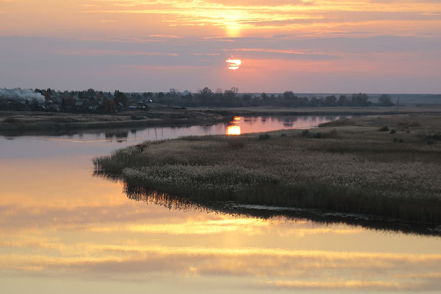 sunset, river, landscape, nature, evening, sky, silence, reflection HD wallpaper