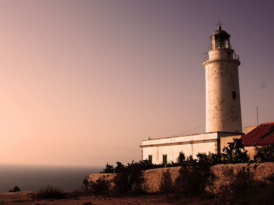 lighthouse, sky, landscape, sea, island, formentera, dawn, spain HD wallpaper