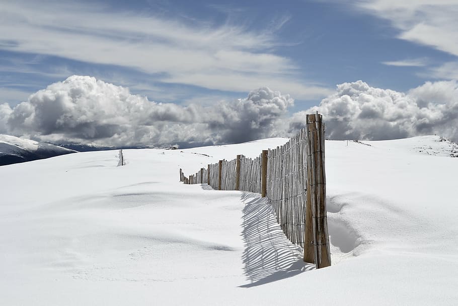 clouds, cold, fence, mountain, nature, sky, snow, winter, cold temperature HD wallpaper