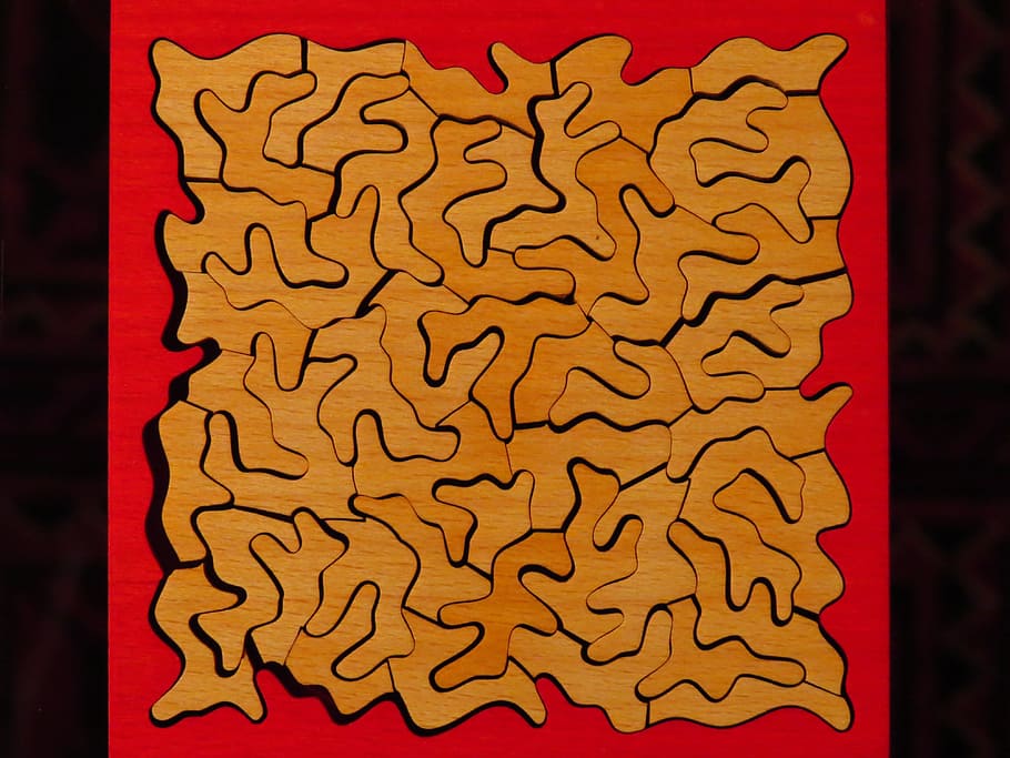 puzzle, share, irregular, tricky, wood, brown, red, patience HD wallpaper