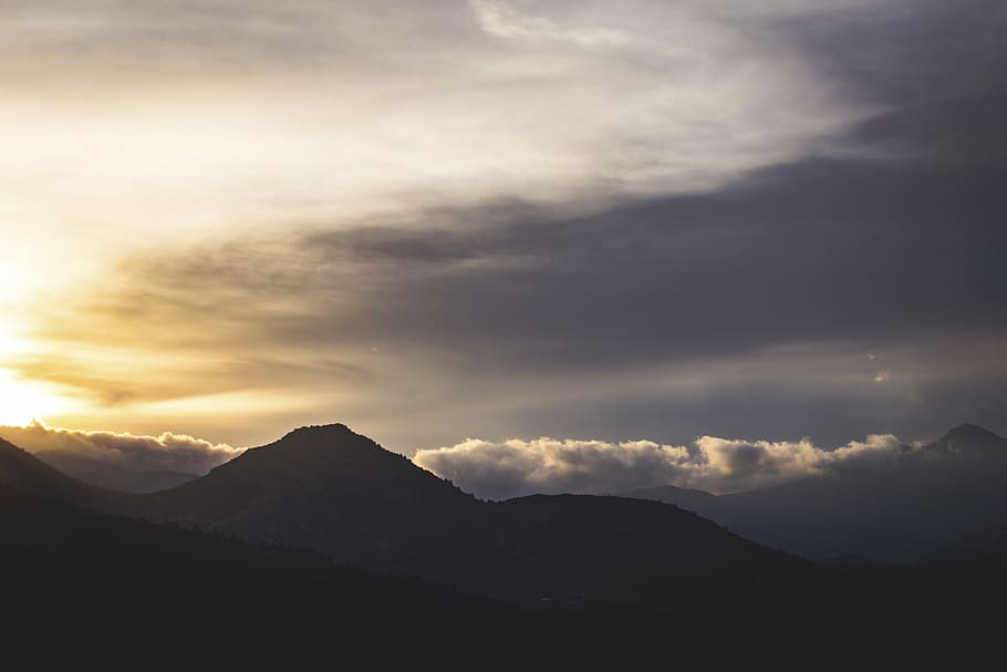 silhouette of mountain under white sky, highland, cloud, summit HD wallpaper