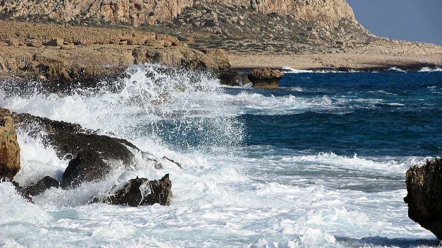 wave, smashing, foam, spray, sea, landscape, cyprus, cavo greko HD wallpaper