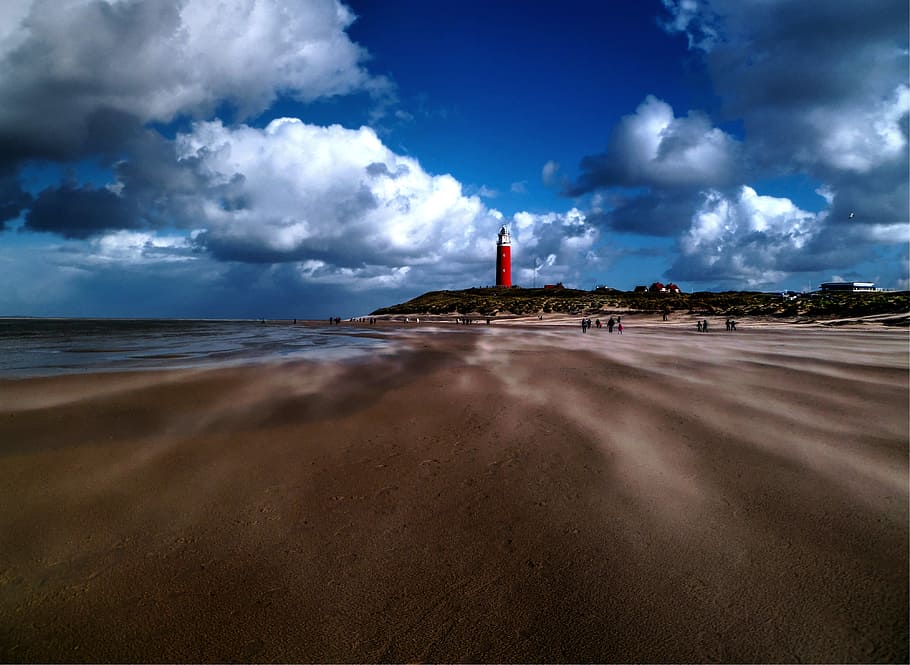 lighthouse near seashore, red, white, clouds, daytime, beach HD wallpaper