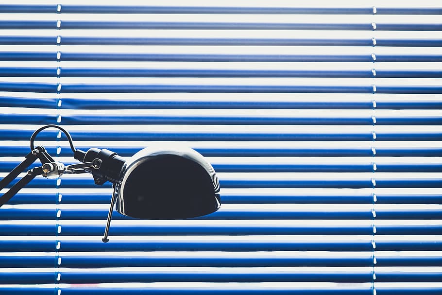 black corded lamp near opened window blinds, blue, desk, decor HD wallpaper