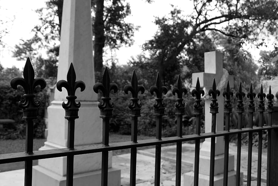 black metal fence near cross statue, graves, fleur de lis, gate HD wallpaper