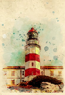 red and white lighthouse painting, spain, landmark, historic HD wallpaper