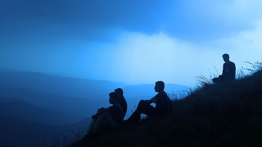 four men sitting on hill, people, hiking, outdoors, adventure, HD wallpaper