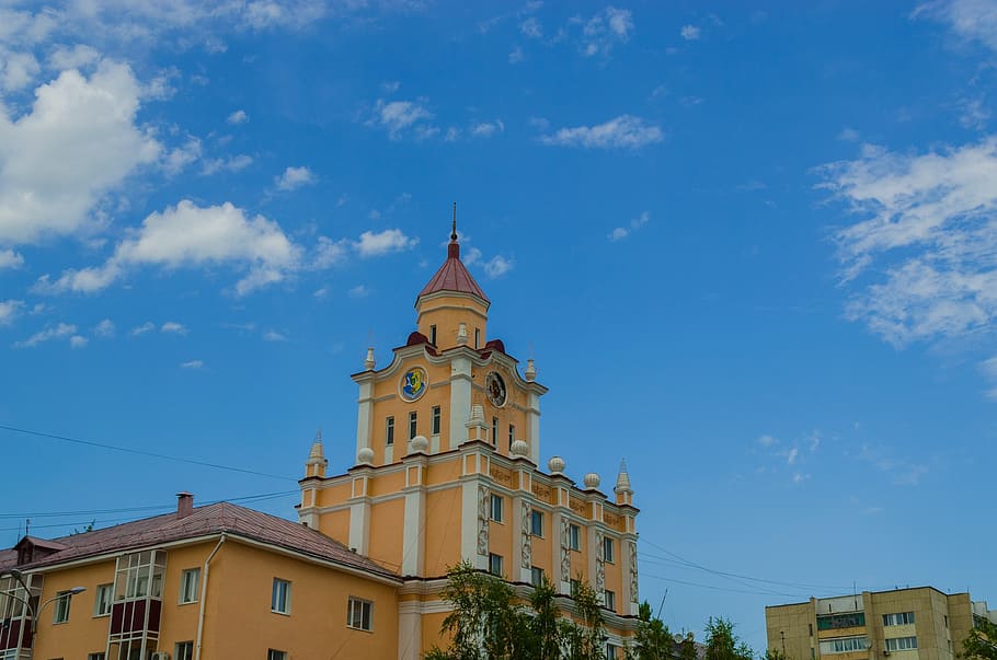 chapel, clock, kostanay, kazakhstan, city square, city centre HD wallpaper