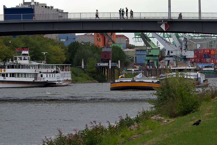 mannheim, neckar, bridge, ship, transportation, mode of transportation HD wallpaper