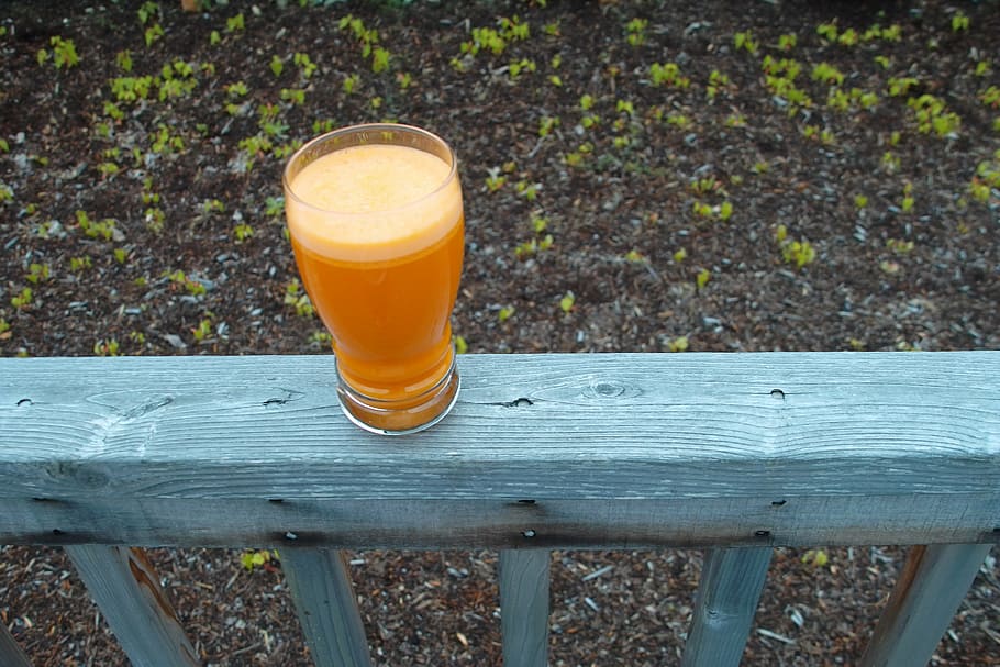 carrot juice, glass, cup, outside, deck, wood, health, drink