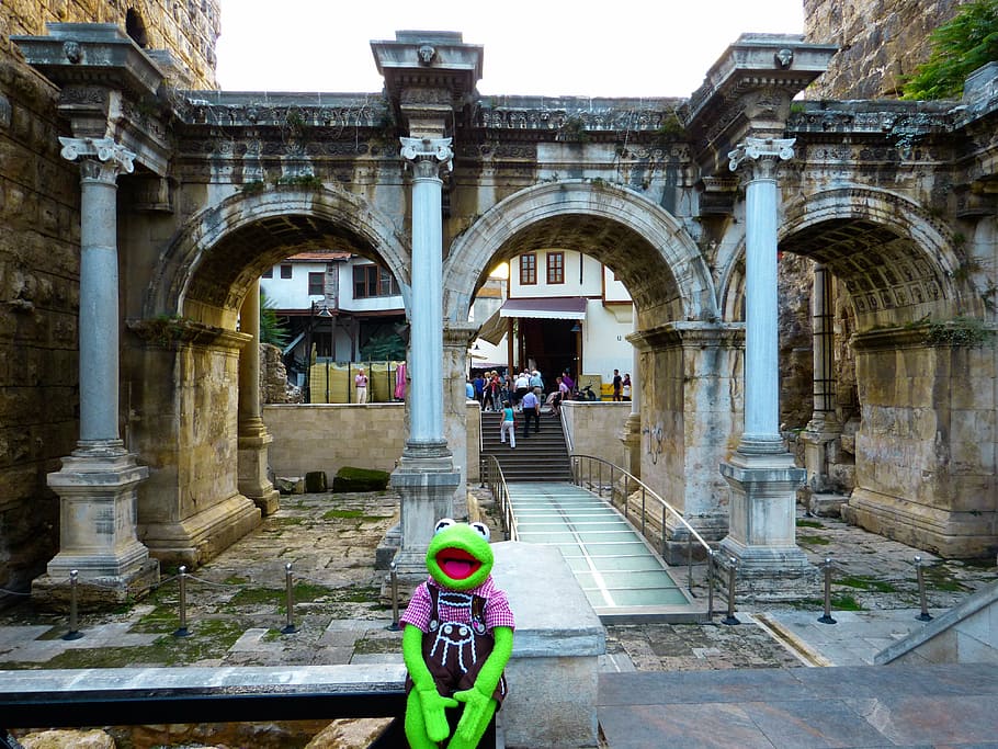 hadrian's gate, antalya, building, turkey, kermit, frog, architecture, HD wallpaper