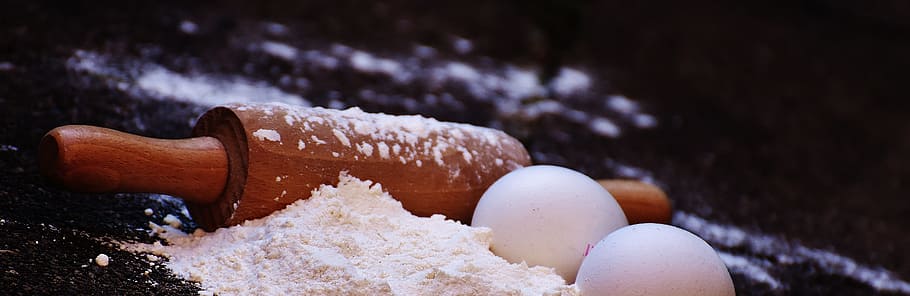 brown wooden rolling pin and eggs, bake, flour, ingredients HD wallpaper
