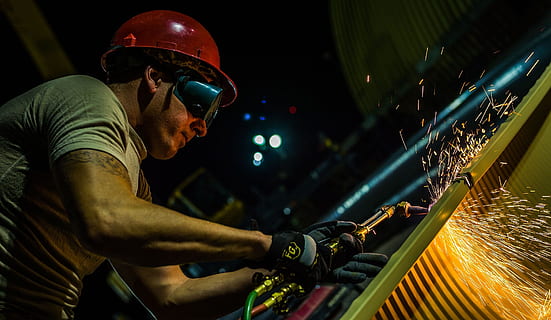 man wearing black goggles and red hard hat welding metal, construction HD wallpaper