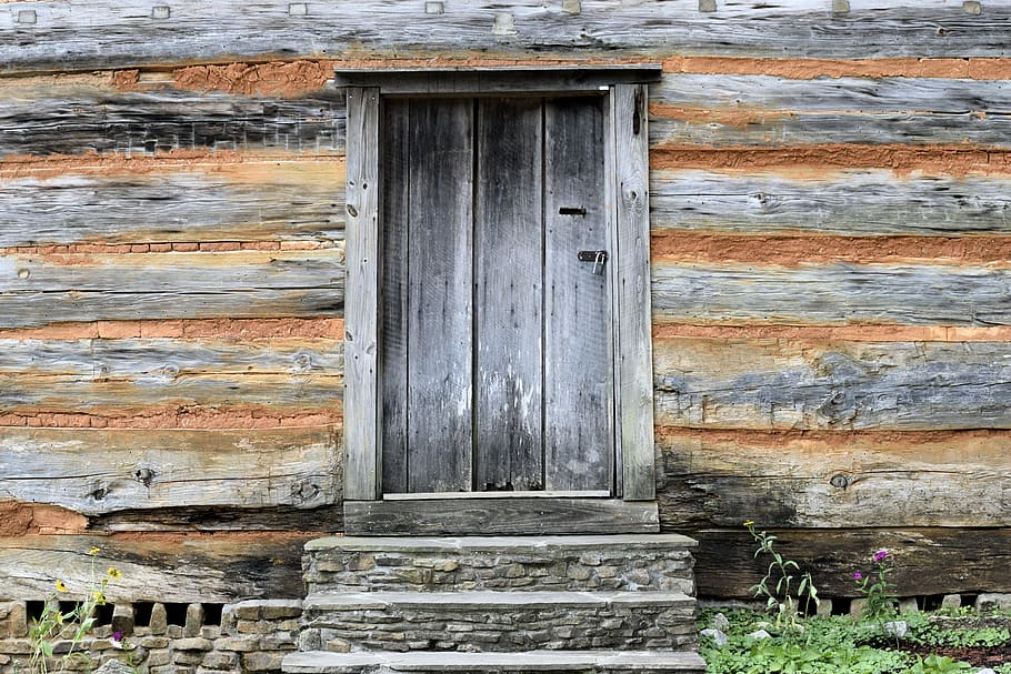 close-up of grey wooden door on brown wooden wall, old wall HD wallpaper
