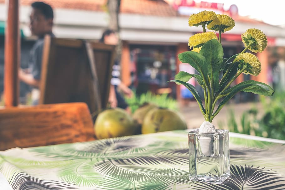 Vase with flowers on the table in the restaurant, shallow focus photography of yellow flowers in glass vase HD wallpaper