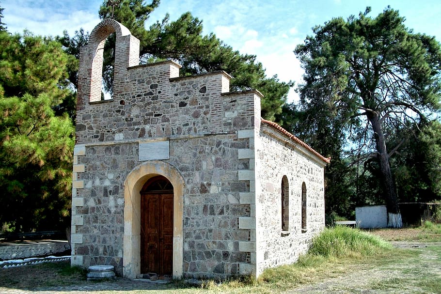 Chapel, Lesbos, Greece, Pine, Sky, island, building exterior, HD wallpaper