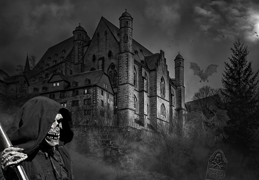 grayscale photo of castle, ghost castle, darkness, weird, mystical HD wallpaper