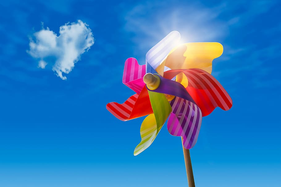 pinwheel, sky, clouds, sun, wind, blue, toys, back light, heart HD wallpaper