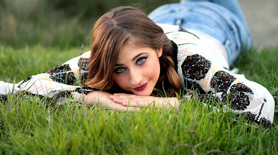 woman lying on grass field, girl, rustic, meadow, green, traditional HD wallpaper