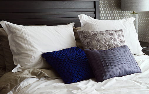 assorted-color pillows on bed, headboard, bedroom, bedding HD wallpaper