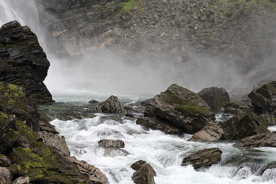 waterfall, fog, landscape, ghostly, haze, back light, spray HD wallpaper
