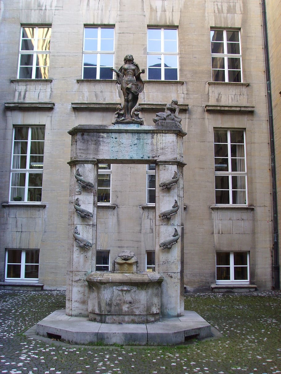 Fountain, City, City Hall, Bochum, German, statue, sculpture, HD wallpaper