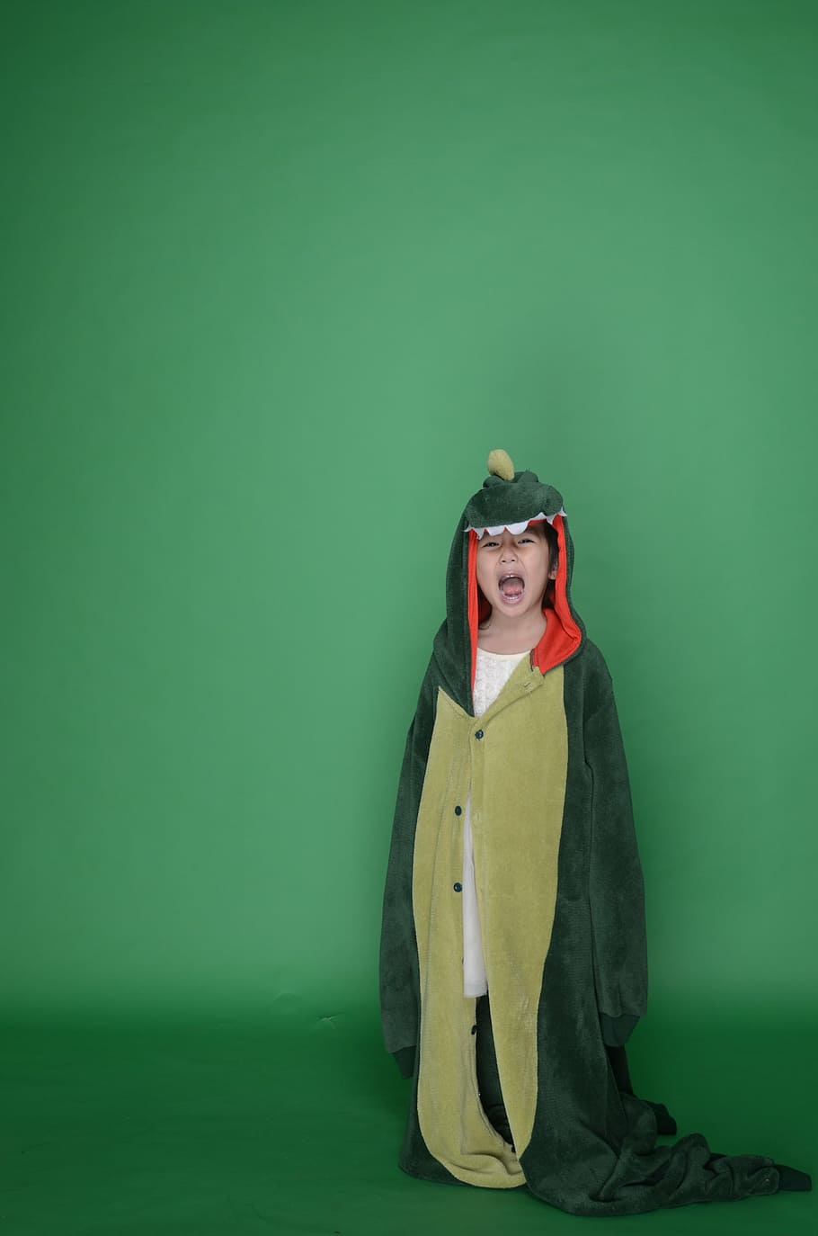 boy wearing crocodile costume, dinosaur, green, cute, military cap