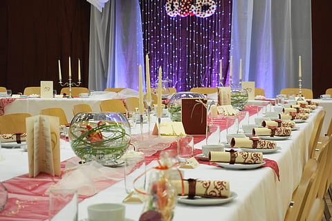 dining tables with candles, wedding feast, fixed table, party HD wallpaper