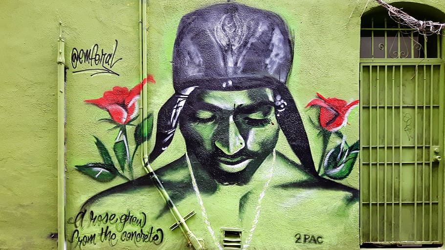 2PAC painting, graffiti, head, face, spray, portrait, wall, street art
