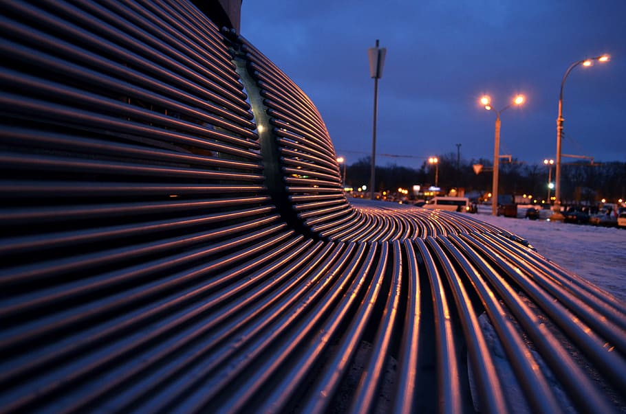 bench, geometry, reflection, evening, lights, sky, city, twilight HD wallpaper