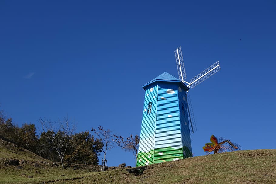 Windmill, Farm, Blue Sky, Paint, alternative energy, environmental conservation HD wallpaper