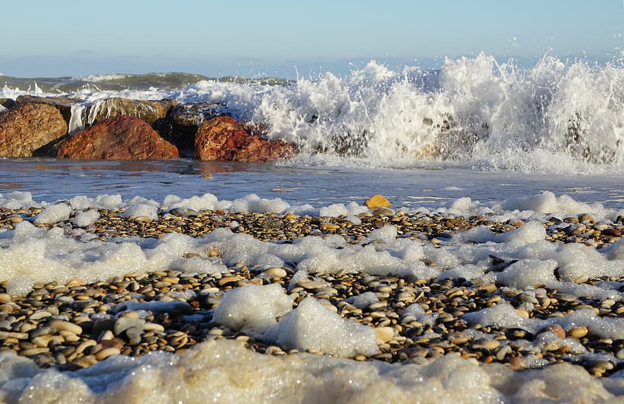 sea, foam, wave, beach, nature, coastline, water, outdoors HD wallpaper