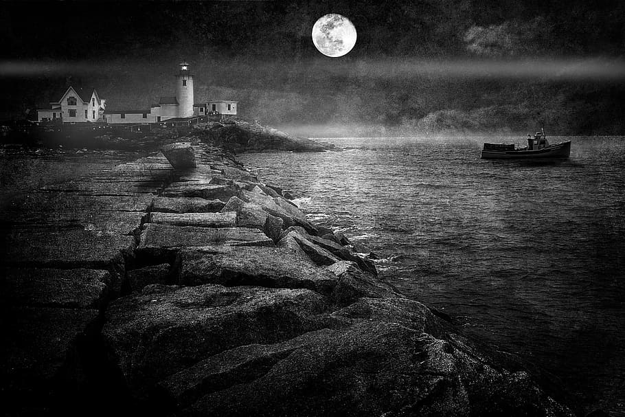 grayscale photo of ship near city, Lighthouse, Gloucester, Breakwater HD wallpaper