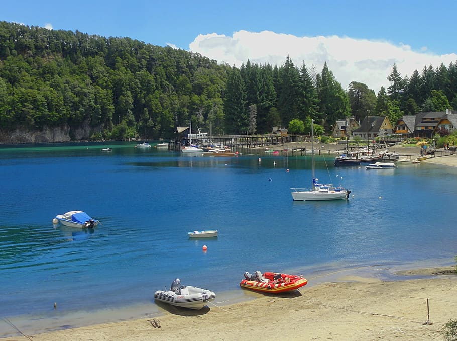 villa la angostura, neuquen, argentina, lake, boats, landscape, HD wallpaper