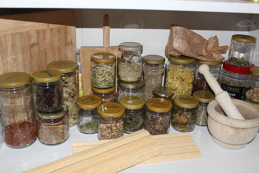 condiment jars near mortar and pestle, Plants, Aromatic, Herbs