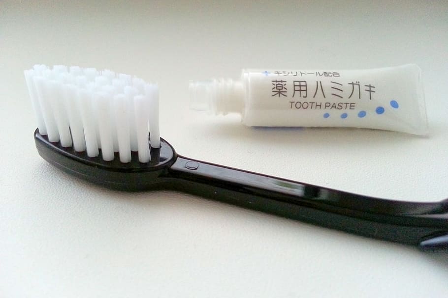 black toothbrush and toothpaste softube, head, teeth, white, cleaning
