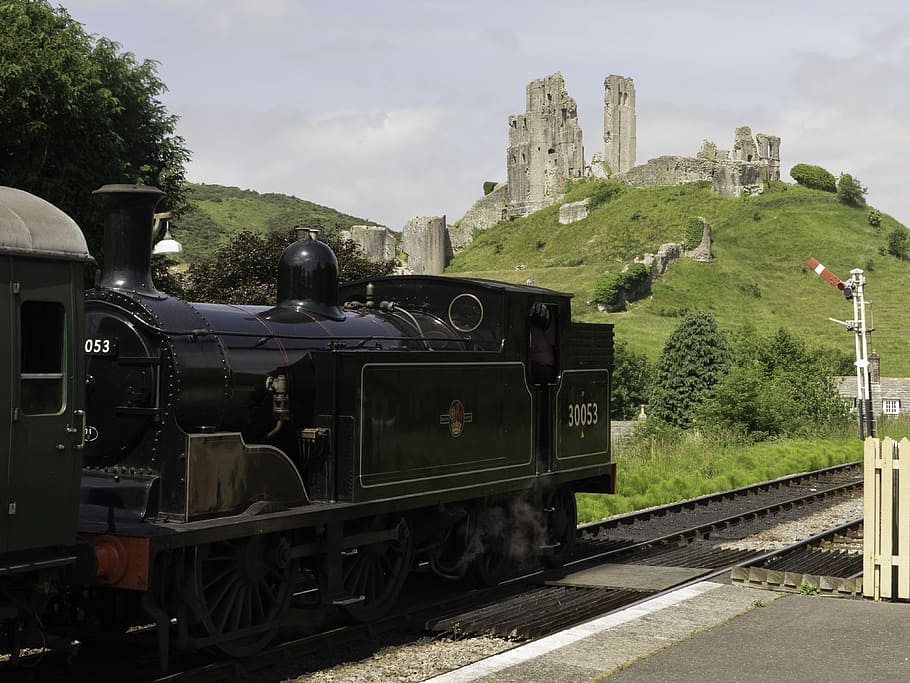 Steam Locomotive, England, burgruine, corfe castle, railroad Track, HD wallpaper