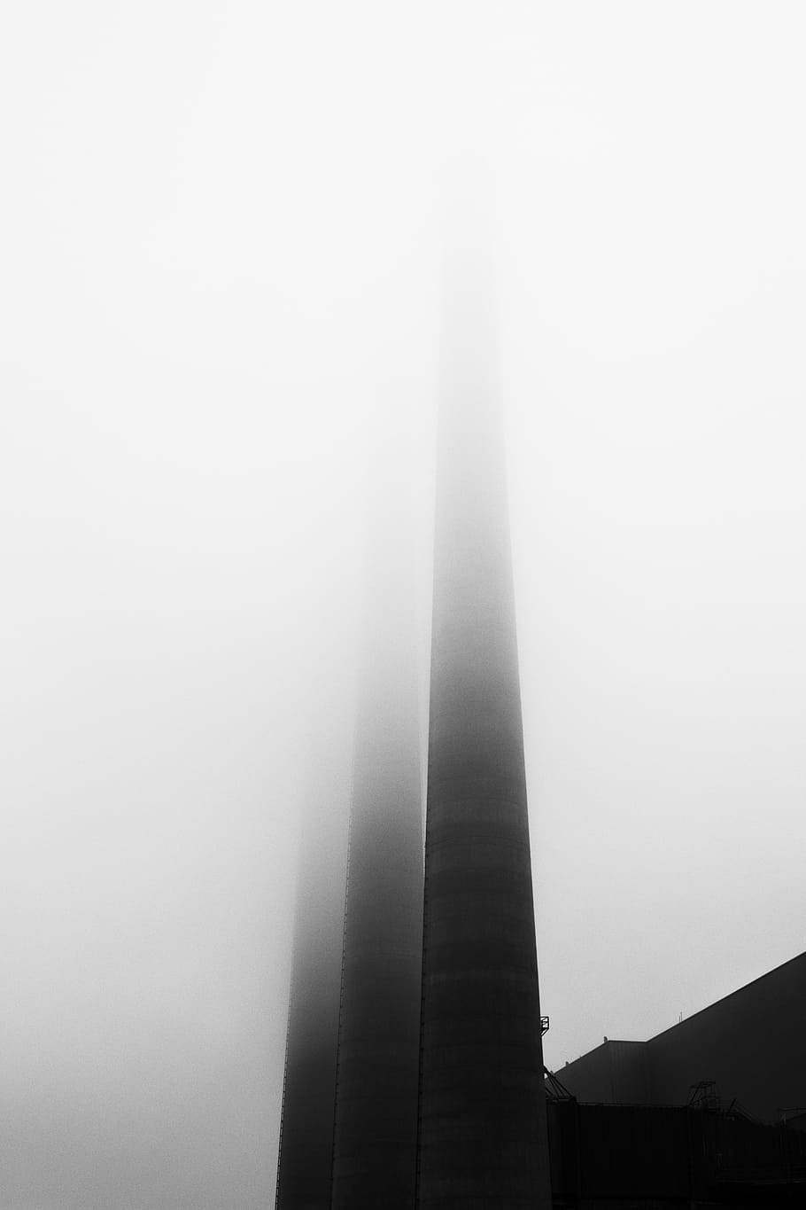 grayscale photo of building, chimney, brick, cloud, mist, architecture HD wallpaper