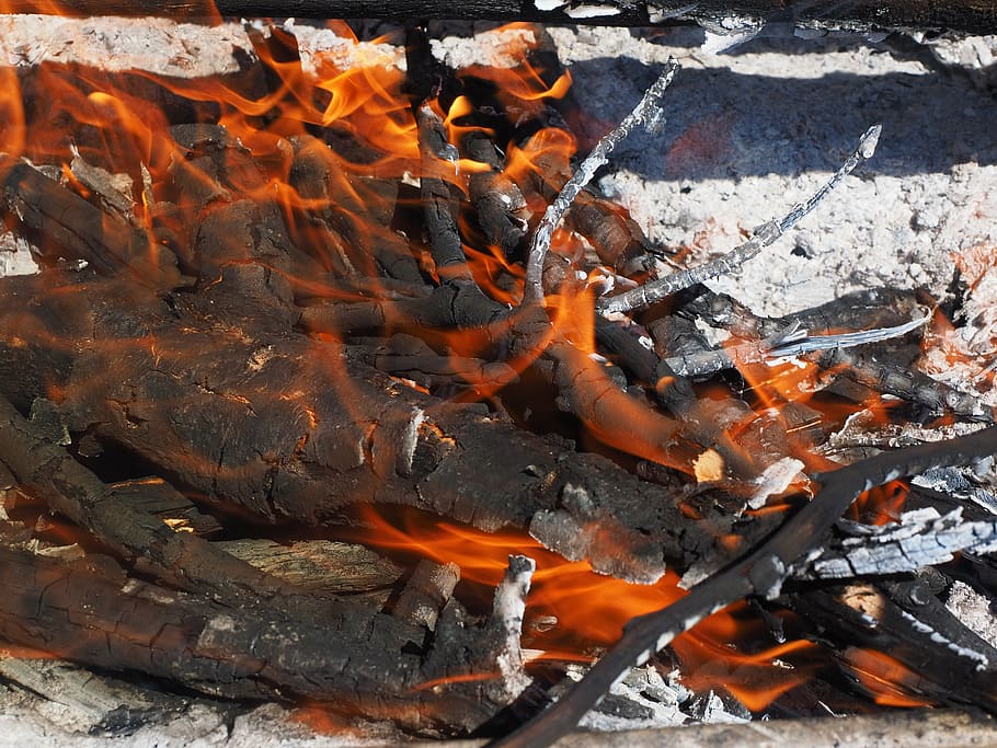 barbecue area, fire, campfire, burn, flame, wood, ash, heat HD wallpaper